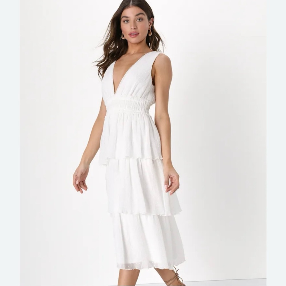 Lulus White Midi Swiss Dot Tiered Dress Large